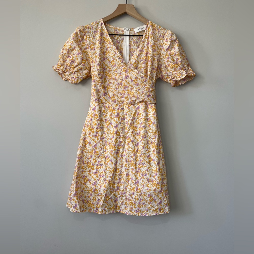 Bacio puffy sleeve deep V neck faux wrap floral skater dress small